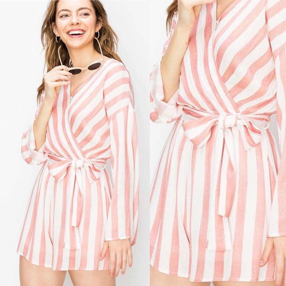 Stripe Romper With Waist Tie